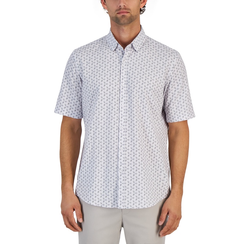 Alfani Mens Alfatech Short Sleeve Button Down Shirt Geometric Print White Small