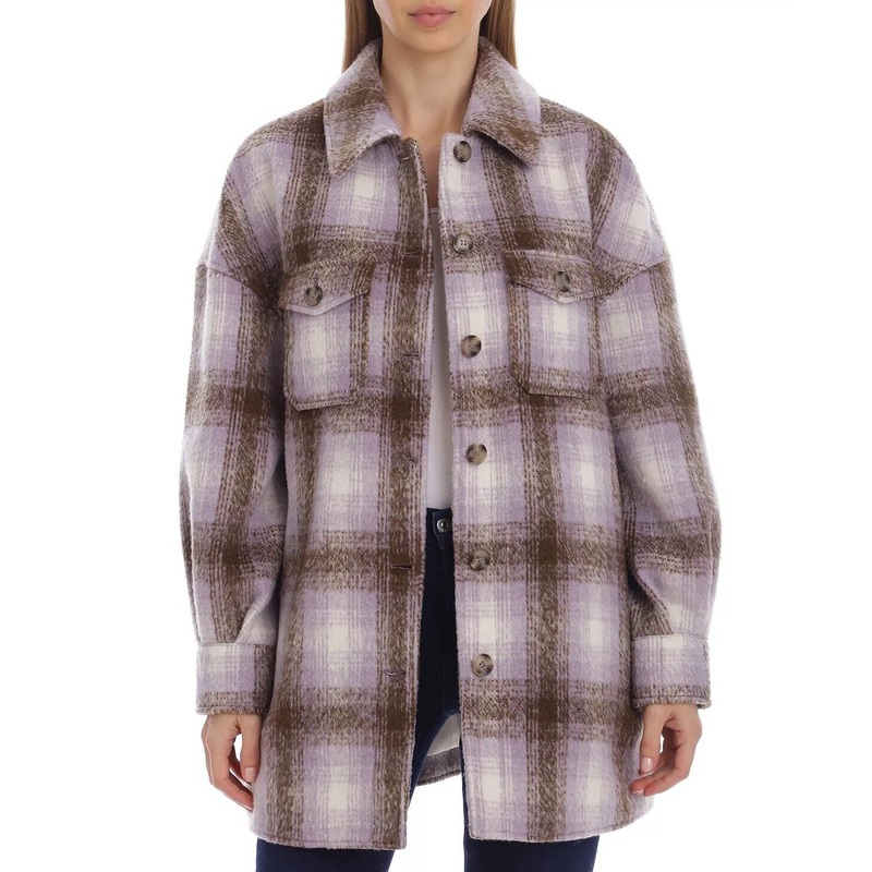 AVEC LES FILLES Plaid Shirt Jacket Brown Lavender Plaid Small Womens