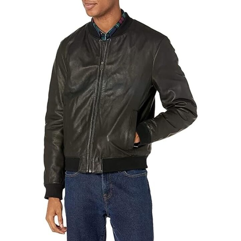 Cole Haan Men's Bonded Leather Varsity Jacket Medium Black