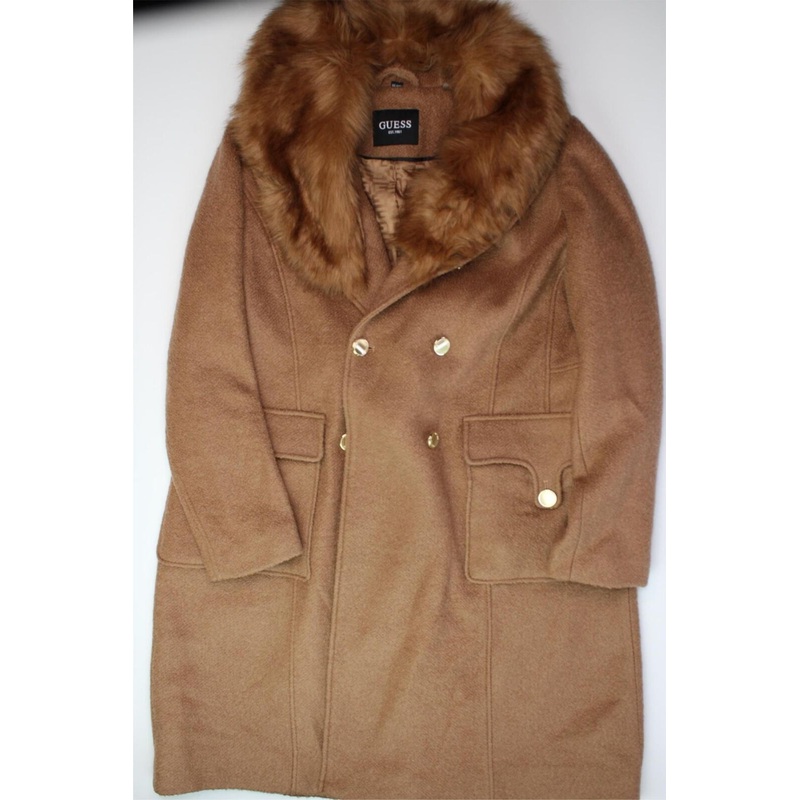 Guess Women's Faux-Fur Collar Double-Breasted Walker Coat XXL Brown