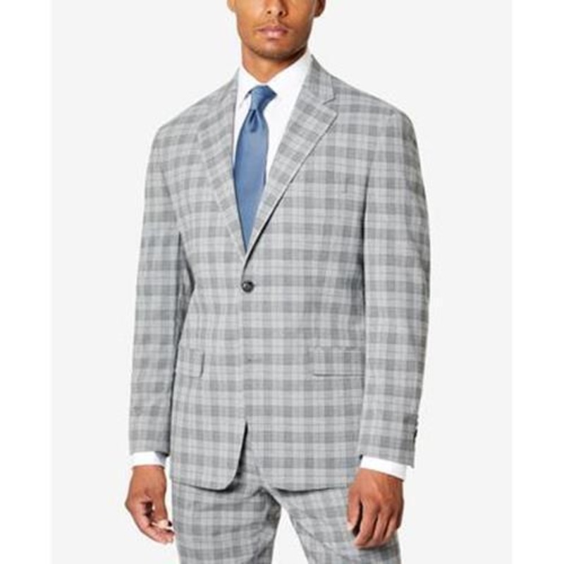 Sean Johns Men's Classic Fit Plaid Two Button Blazer Grey 44L