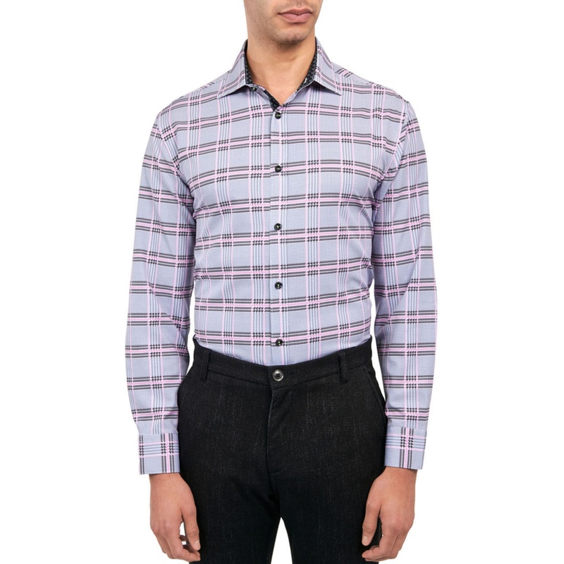 Society of Threads Men's Regular Fit Plaid Grey Button Down Shirt 14 14.5 32 33