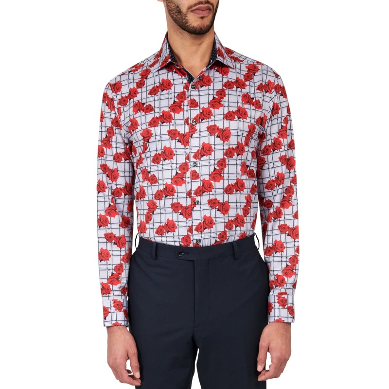 Society of Threads Men's Slim Fit Floral Button Down Shirt Red 14 14.5 32 33