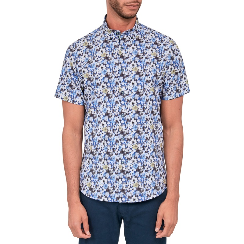 Society of Threads Mens Non Iron Floral Print Button Down Shirt Blue Small