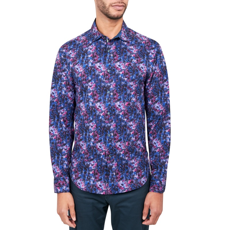 Society of Threads Mens Non Iron Print Button Down Purple  Large