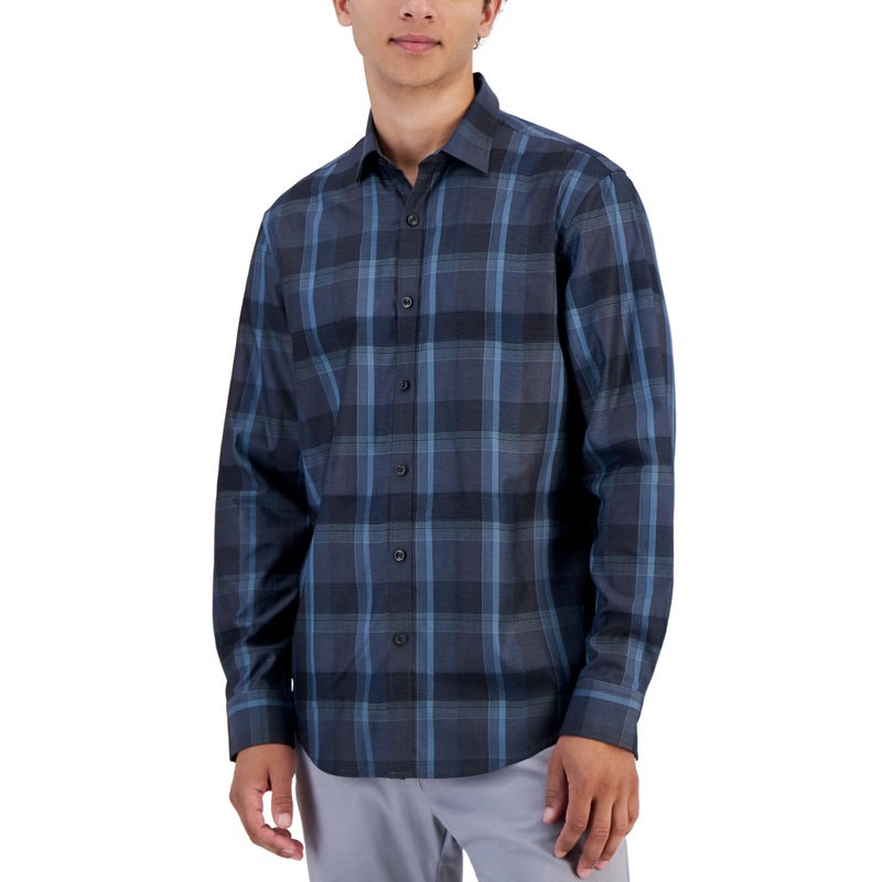 Alfani Men's Lomia Regular Fit Yarn Dyed Dobby Button Down Shirt Blue Black 2XL