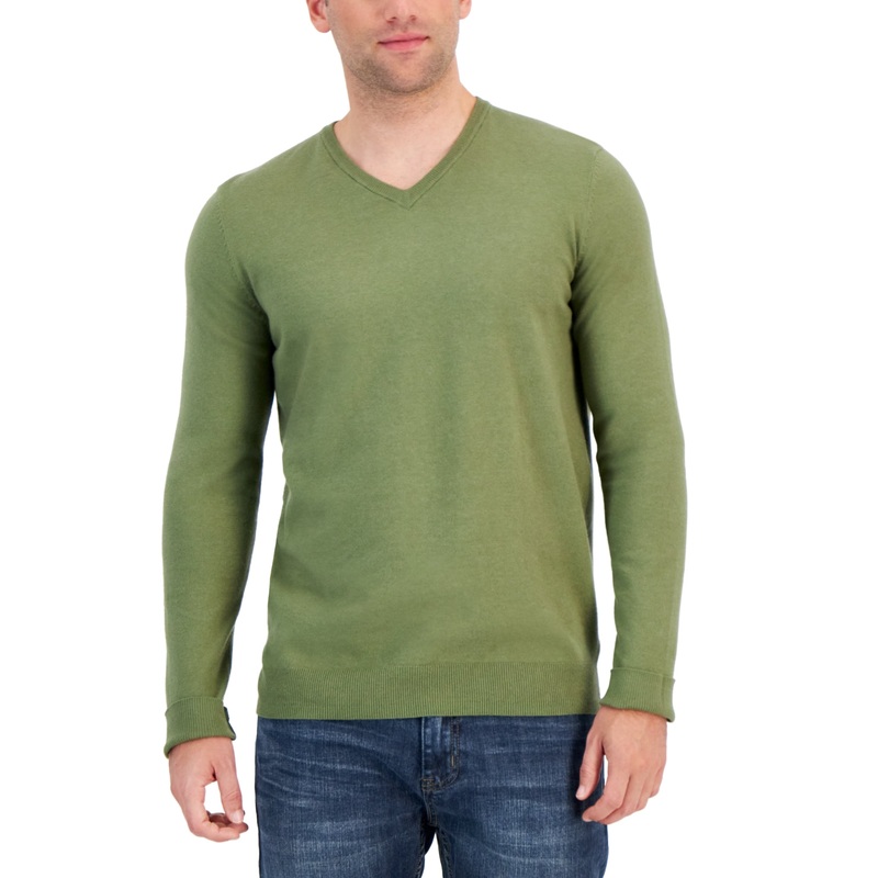 Alfani Men's Solid V Neck Cotton Sweater Military Soil Green  XL