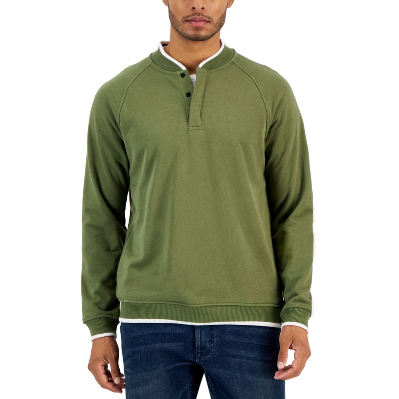 Alfani Mens Baseball Collar Quarter Snap Sweater Military Soil Green Small