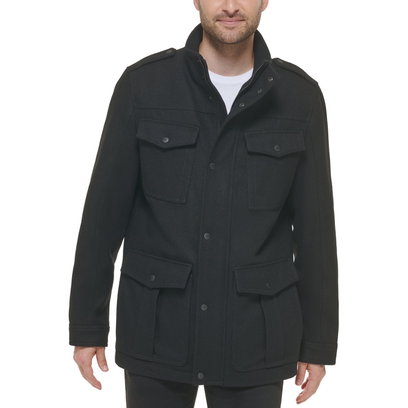 Guess Men's Duel Snap and Zippered Military Coat Black Small