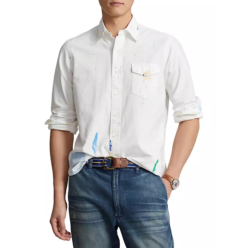 Polo Ralph Lauren Men's Classic Fit Shirt Preppy Paintsplatter White Small