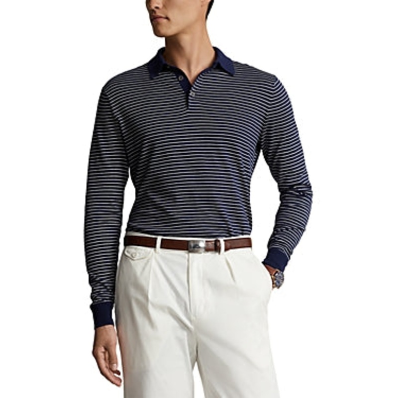 Polo Ralph Lauren Mens Stripe Regular Fit Polo Collar Sweater Blue White  Medium