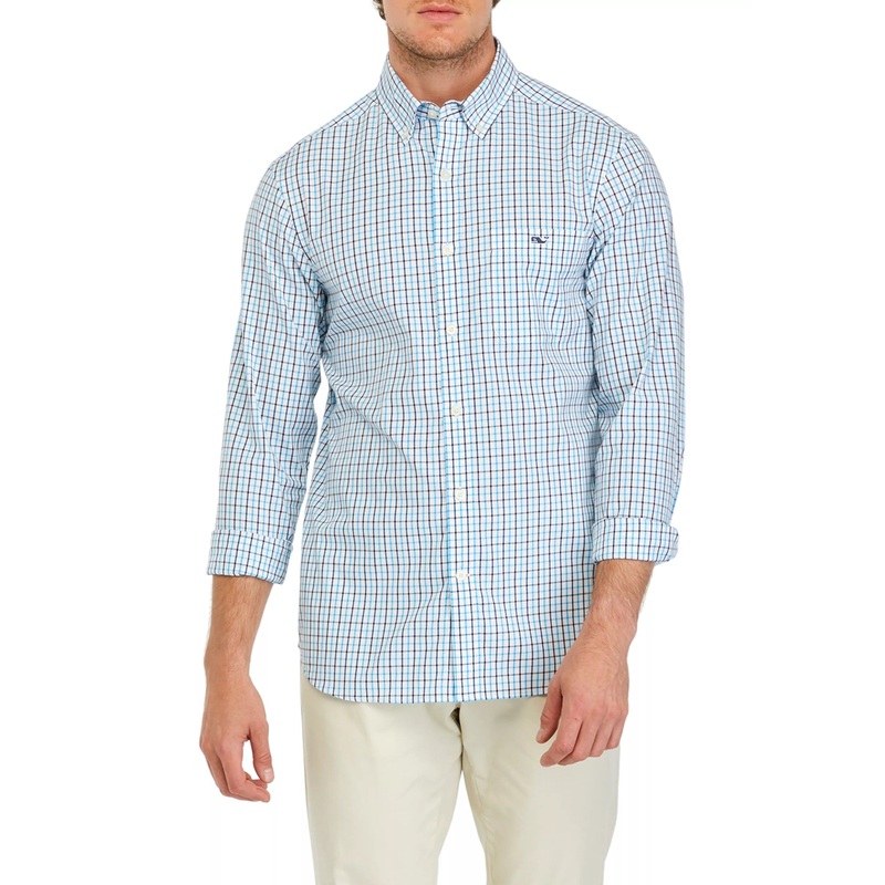 Vineyard Vines Mens Poplin Tattersall Regular Fit Button Down Shirt Blue Medium
