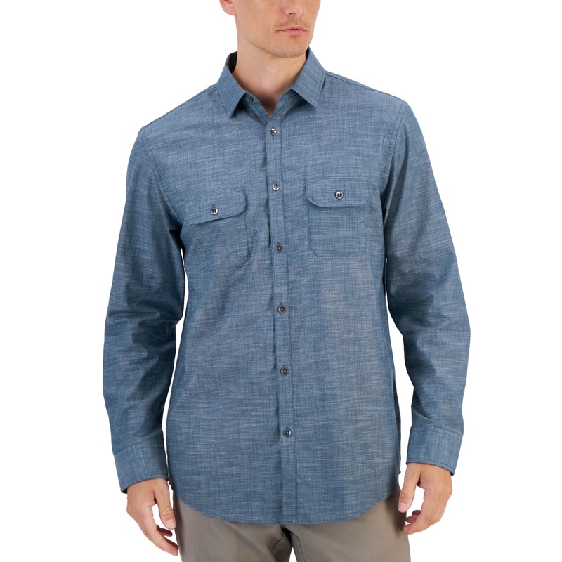 Alfani Men's Regular Fit Solid Button Down Shirt Dark Kale Blue Small