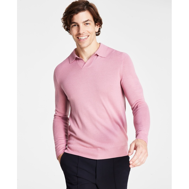 Alfani Men's Regular Fit Sweater Knit Johnny Collar Polo Sweater Rose Pink XXL