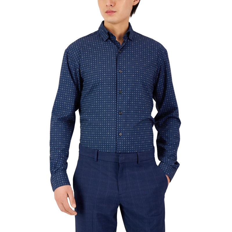 Alfani Men's Regular Fit Travel Ready Geo Print Dress Shirt Blue 14 14.5 32 33