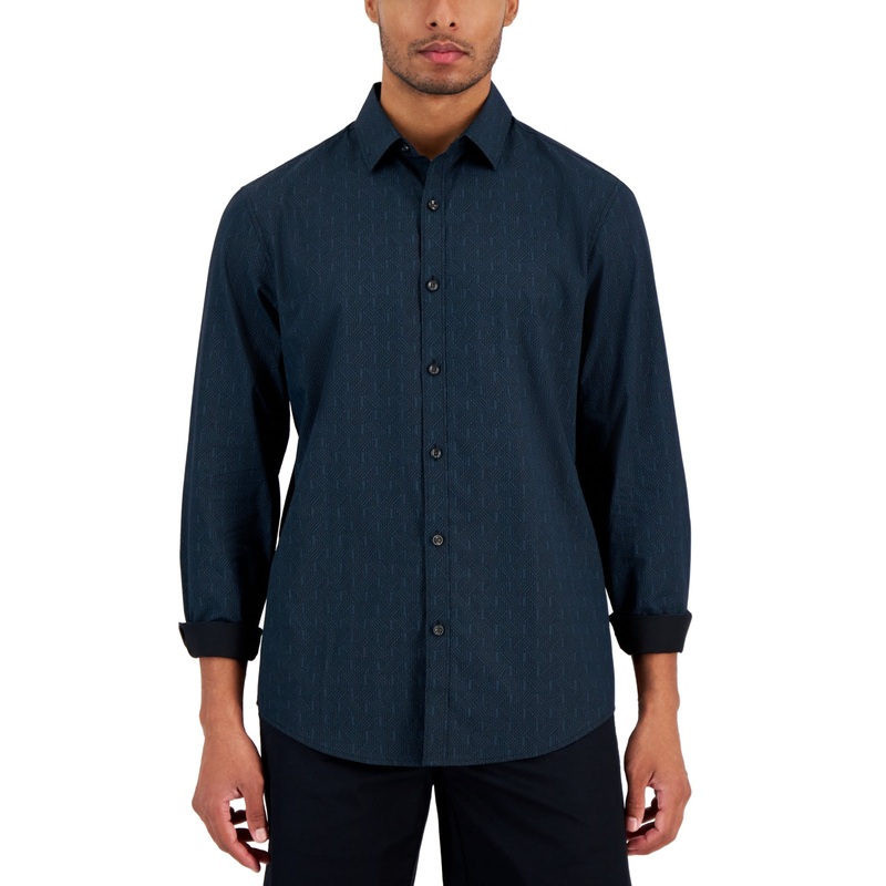 Alfani Mens Geo Print Button Down Shirt Navy Blue Small