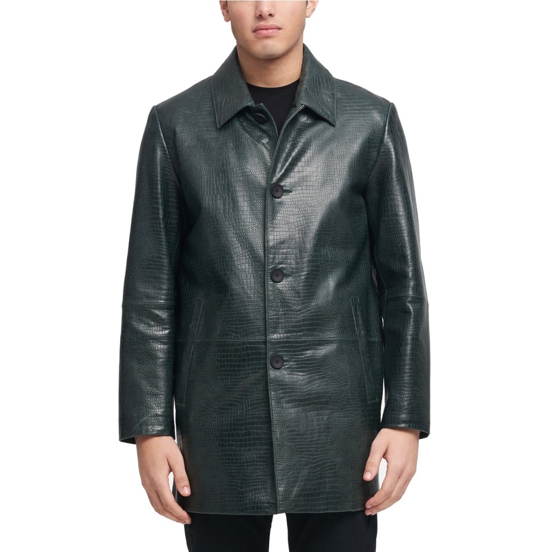 DKNY Men's Crocodile Imprint Leather Coat Jacket Green XXL
