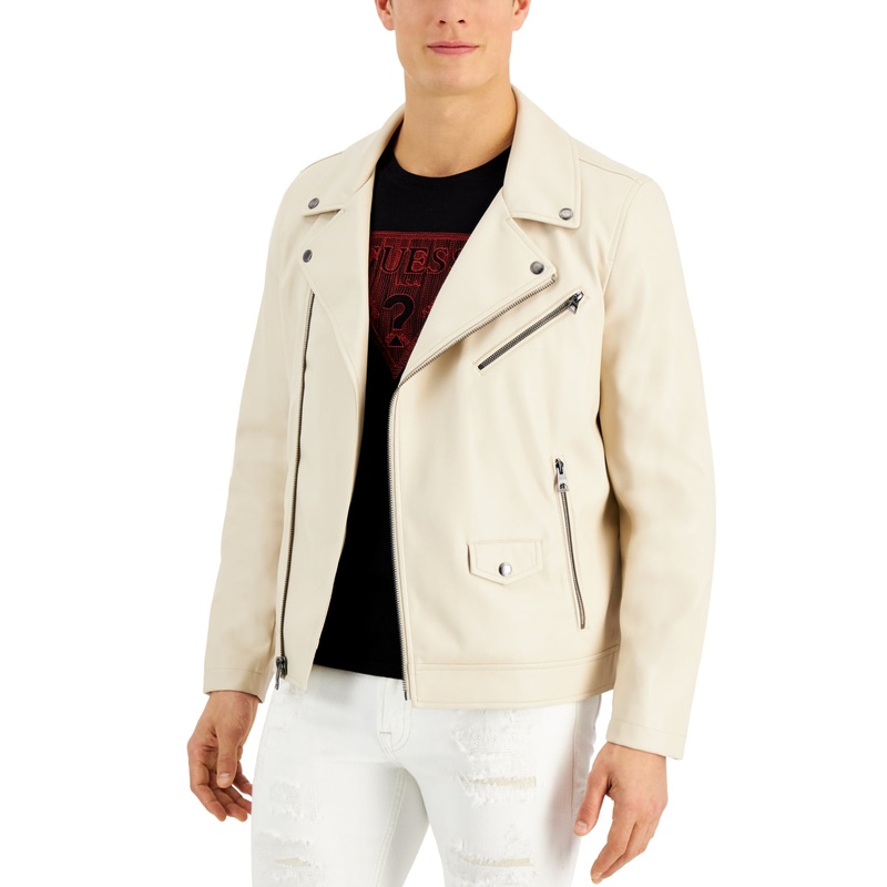 Guess Men's Faux Leather Motorcycle Jacket Coat Beige XXL2XL