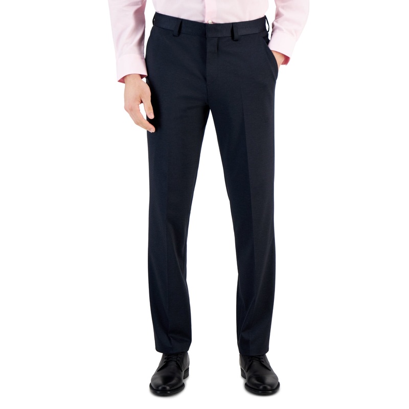 Hugo Boss Men's Modern Fit Stretch Navy Mini Check Suit Dress Pants Blue 34 x 32