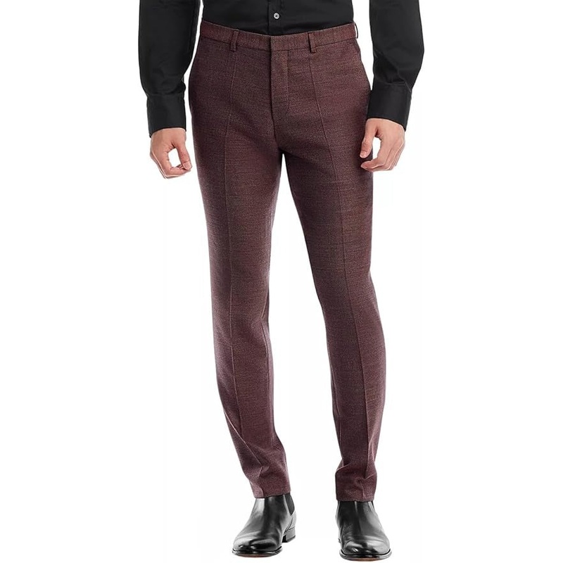 Hugo Boss Mens Hesten Birdseye Extra Slim Fit Dress Pants Burgundy Red 38 x 32