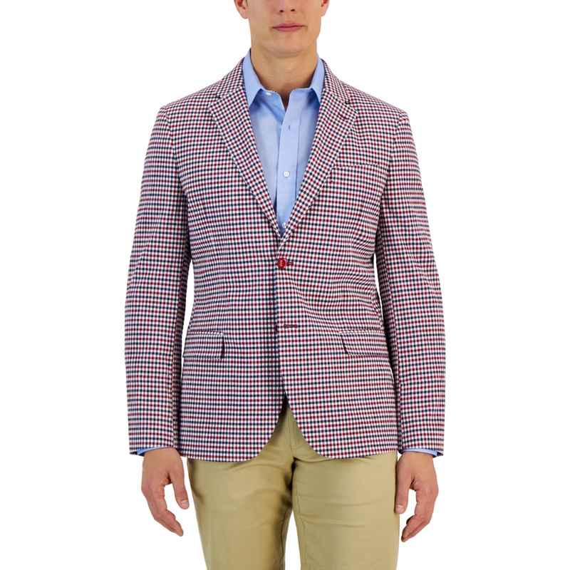 Nautica Men's Modern Fit Seersucker Sport Coat Blazer Red Check 36S