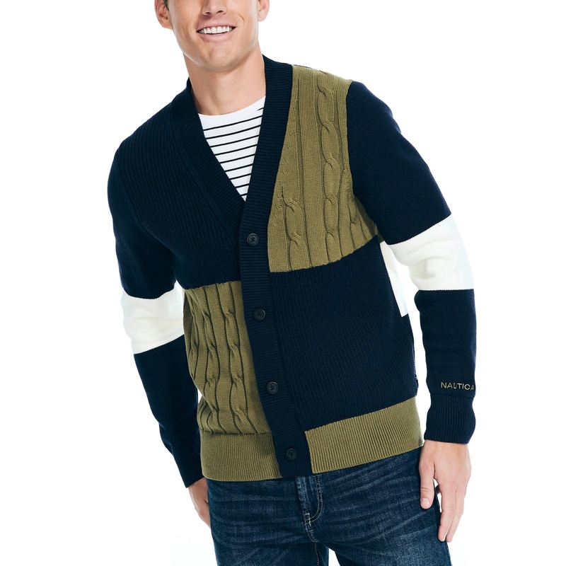 Nautica Mens 1983 Textured Colorblock Cardigan Navy Blue Green XL