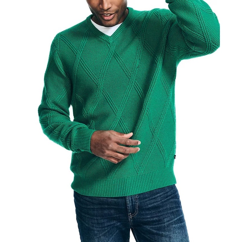 Nautica Mens Sustainably Crafted Textured V Neck Sweater Green Medium