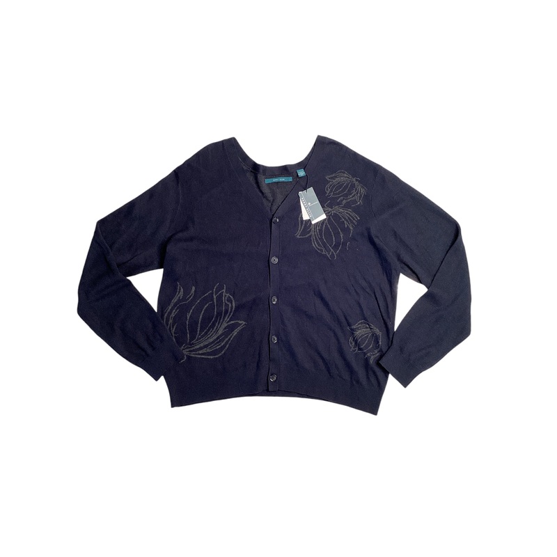 Perry Ellis Men's Floral Print Cardigan Sweater Dark Sapphire Blue Large