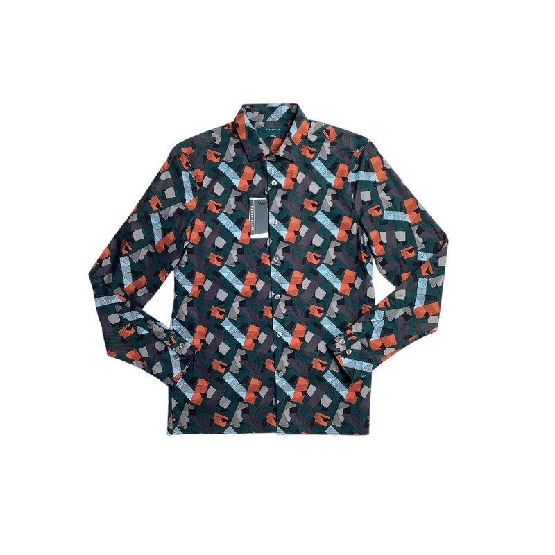 Perry Ellis Mens Roadmap Print Button Down Shirt Blue Orange Small
