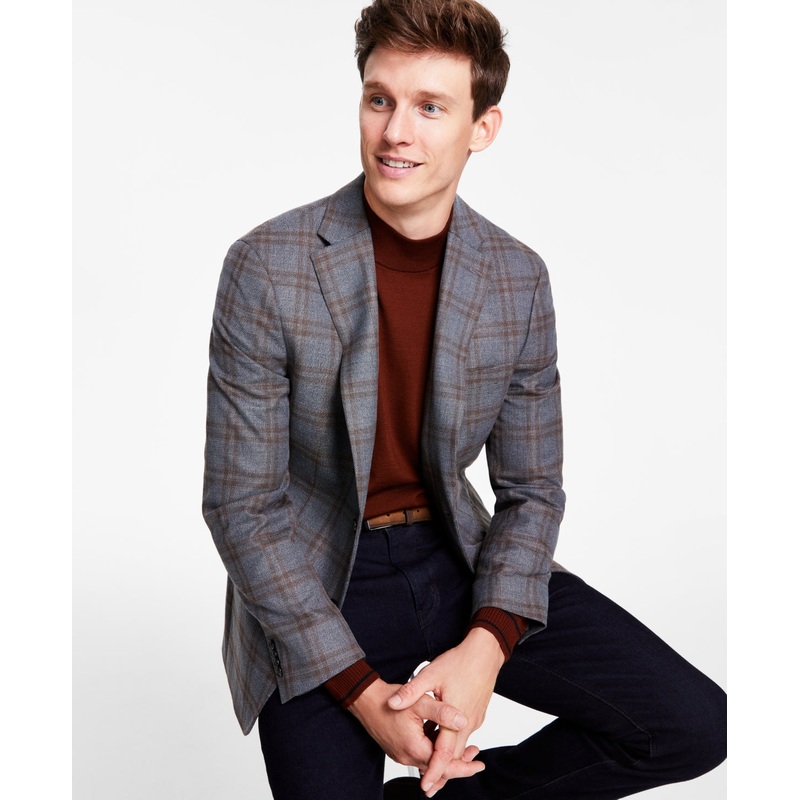 Tommy Hilfiger Men's Modern Fit Plaid Sport Coat Blazer Grey Brown 40L