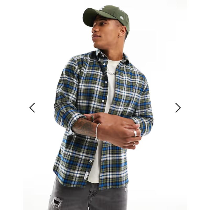 Tommy Hilfiger Mens Regular Fit Brushed Plaid Button Down Shirt Green Small