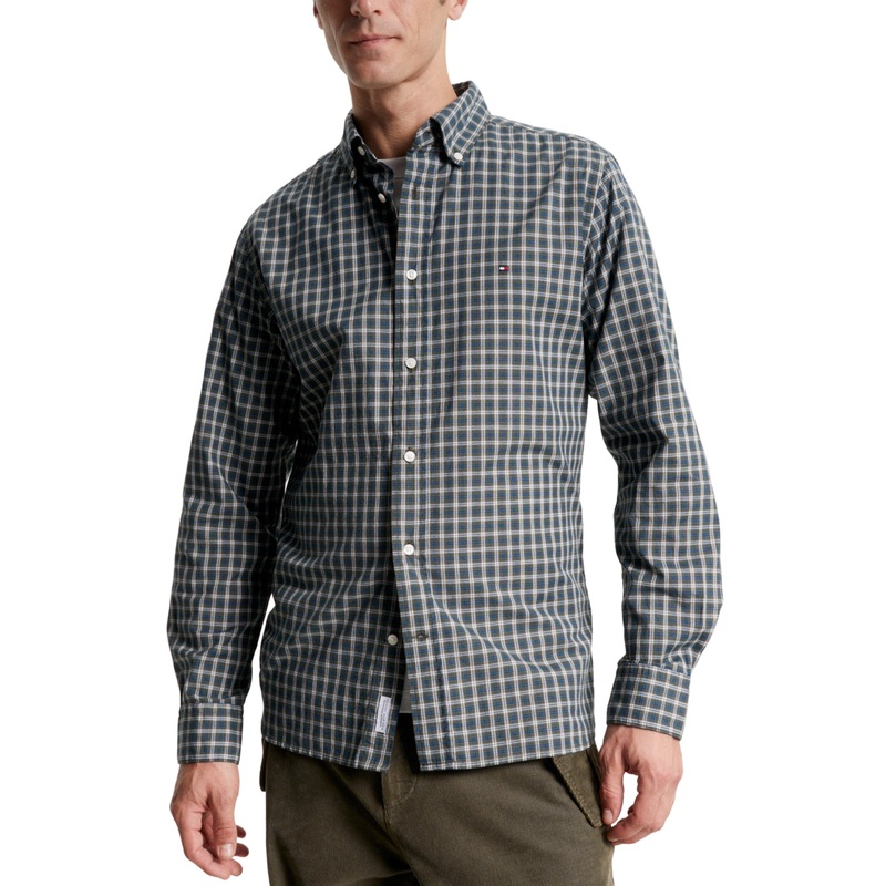 Tommy Hilfiger Mens Regular Fit Mini Tartan Button Down Shirt Green Multi Medium