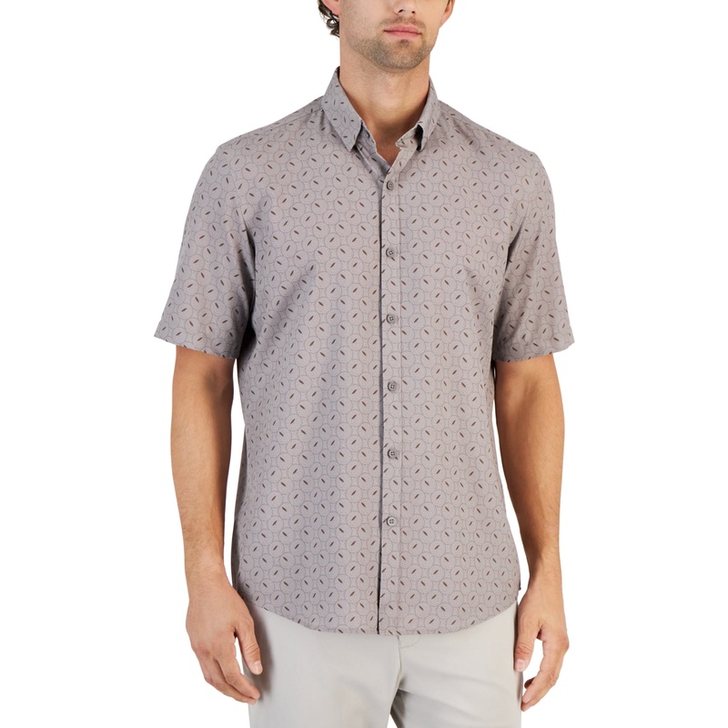 Alfani Men's Alfatech Geometric Dot Short Sleeve Button Down Shirt Beige Small