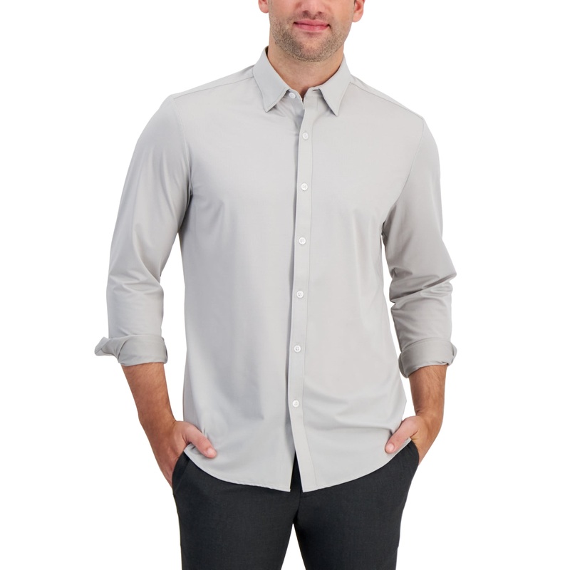 Alfani Men's Alfatech Yarn Dyed Long Sleeve Button Down Shirt Taupe Grey 2XL