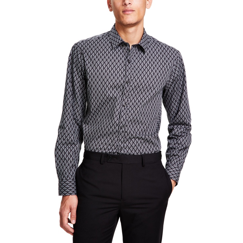 Alfani Men's Four Geo Print Long Sleeve Button Down Shirt Deep Black Medium