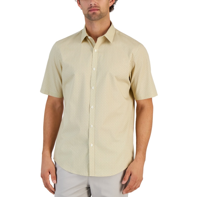 Alfani Men's Geometric Short Sleeve Button Down Shirt Brown Rice Beige Large