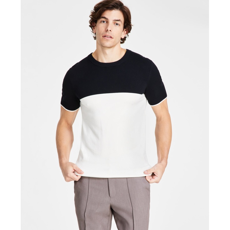 Alfani Men's Regular Fit Colorblocked Sweater Knit T Shirt Deep Black Grey 3XL
