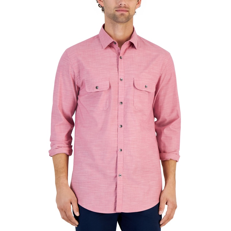 Alfani Men's Regular Fit Solid Button Down Shirt Smudge Cranberry Pink Large