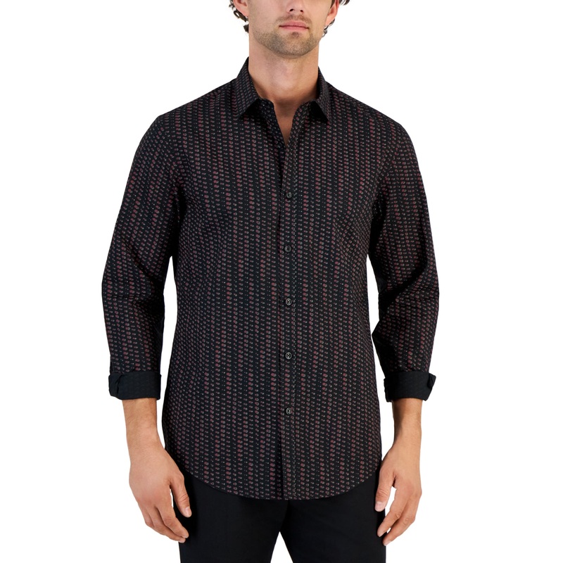 Alfani Men's Round Geometric Print Long Sleeve Button Down Shirt Black Medium