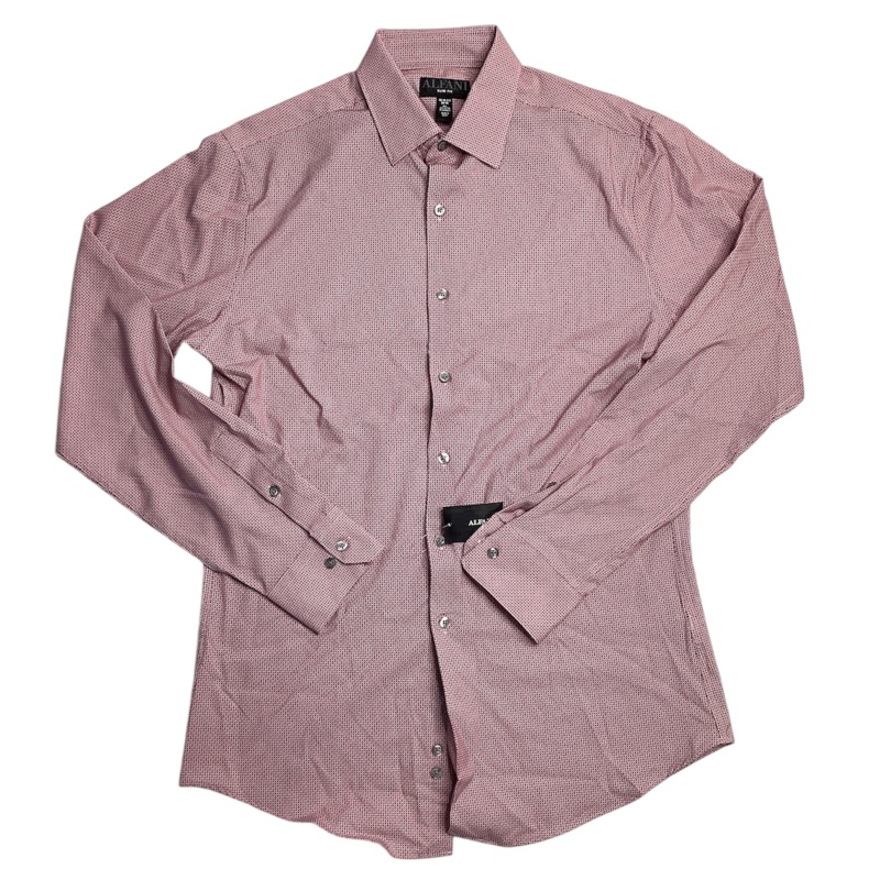 Alfani Men's Slim Fit 4 Way Stretch Geo Print Dress Shirt Pink 15 15.5 34 35