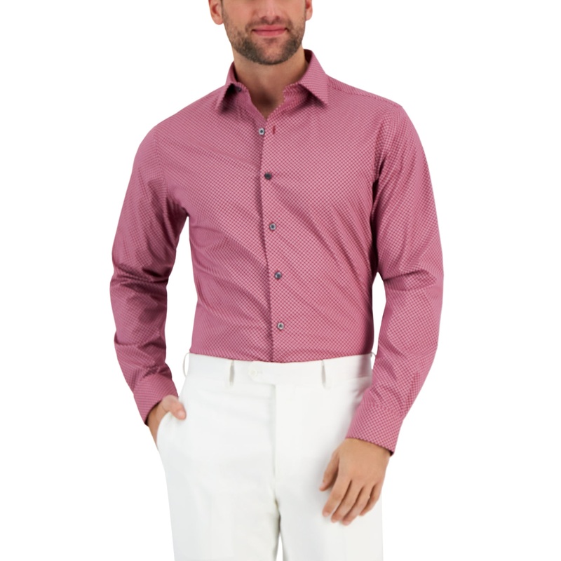 Alfani Men's Slim Fit Puzzle Print Dress Shirt Pink White 14 14.5 32 33