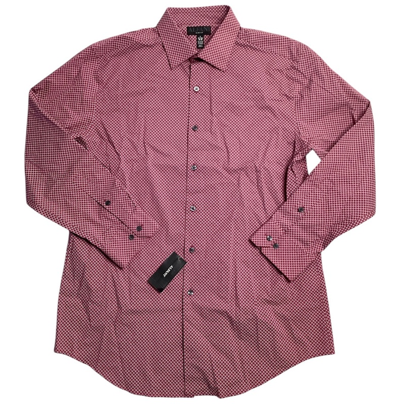 Alfani Men's Slim Fit Puzzle Print Dress Shirt Pink White 17 17.5 36 37