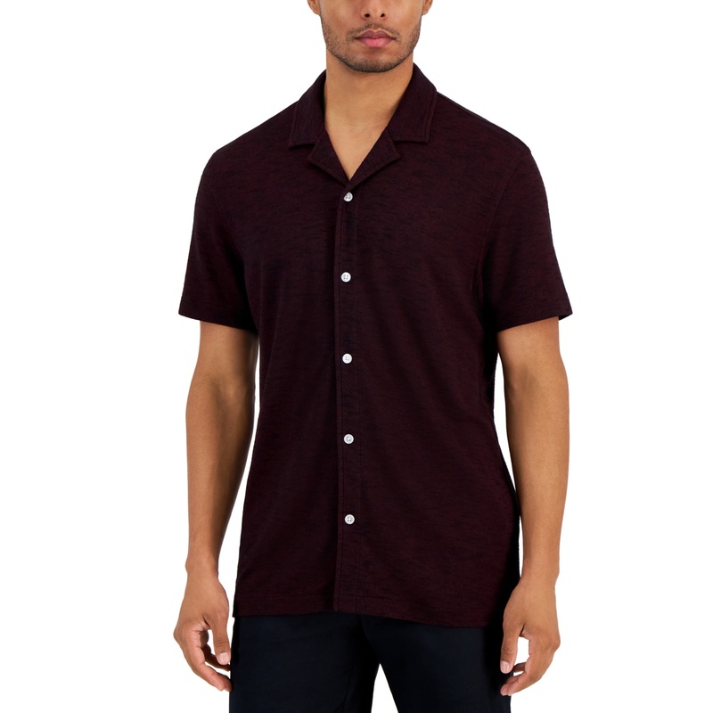Alfani Men's Slub Pique Textured Short Sleeve Button Down Shirt Maroon Red XXL