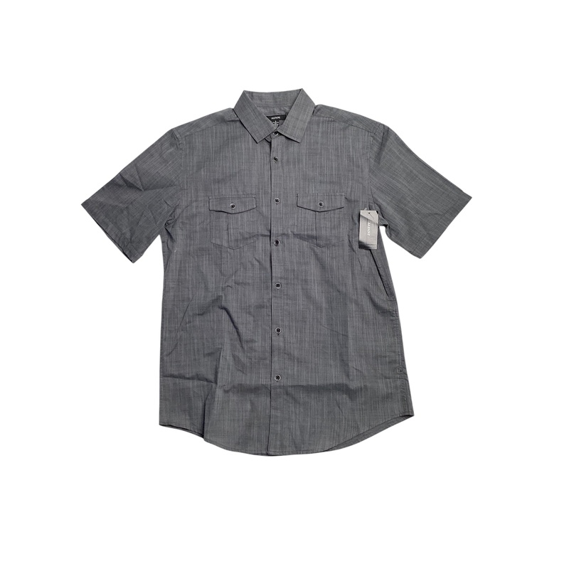 Alfani Mens Textured Collared Short Sleeve Button Down Shirt Blue Small