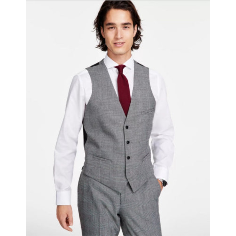 Bar III Men's Slim Fit Plaid Suit Vest Black  White Small