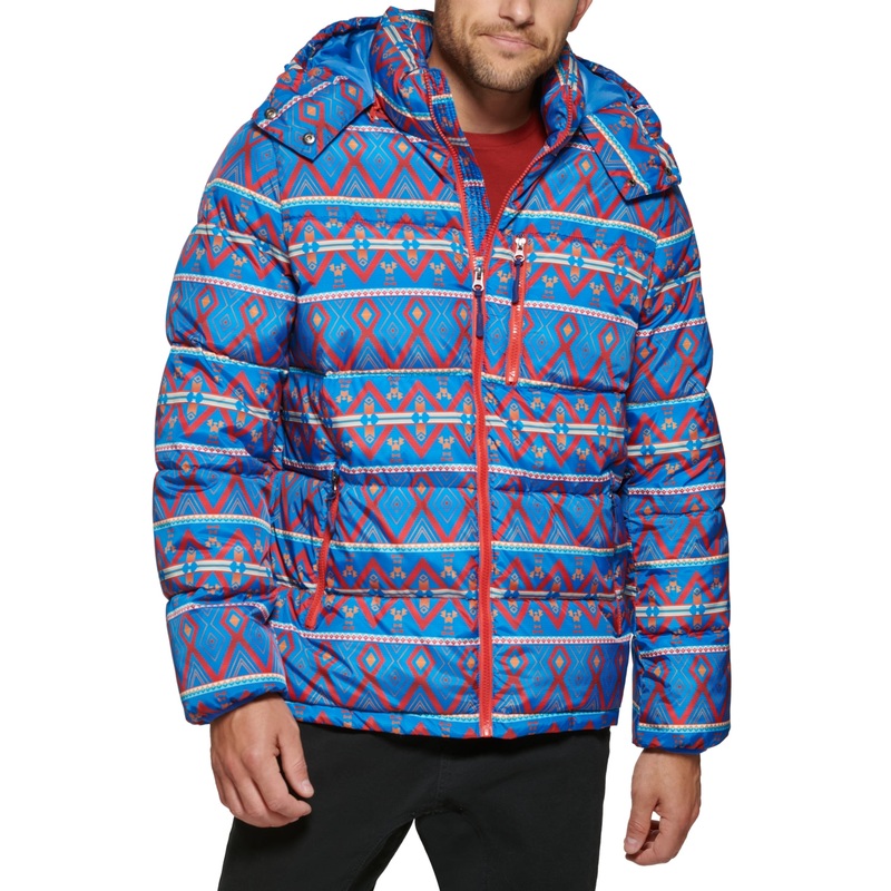 Club Room Mens Stretch Hooded Puffer Jacket Coat Paw Blue Red XL