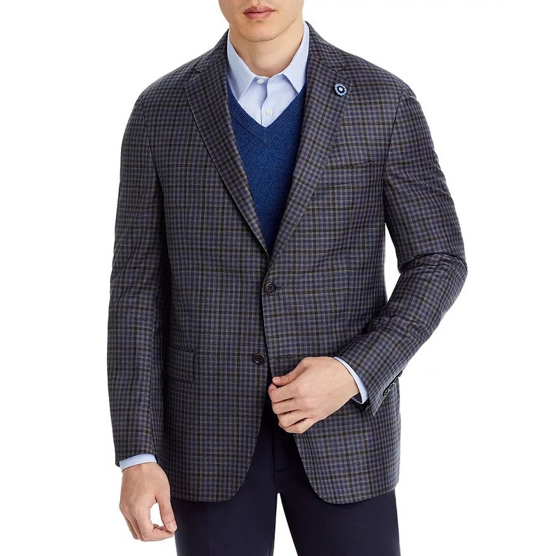 Hart Schaffner Marx New York District Check Regular Fit Sport Coat 46R Blue Grey