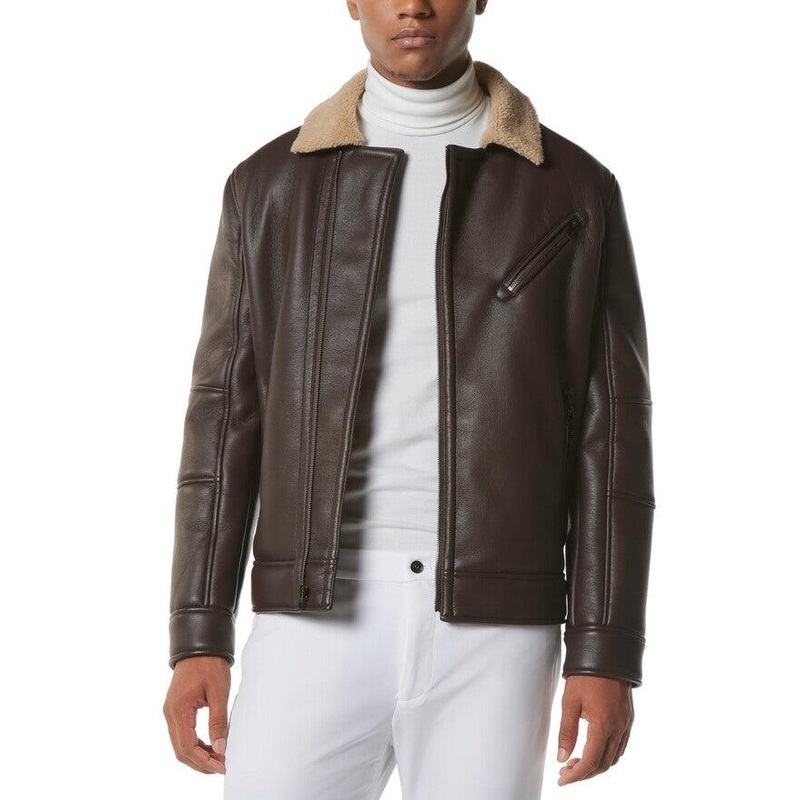 MARC NEW YORK Men's Maxton Asymmetrical Moto Jacket Medium Faux-Shearling Brown