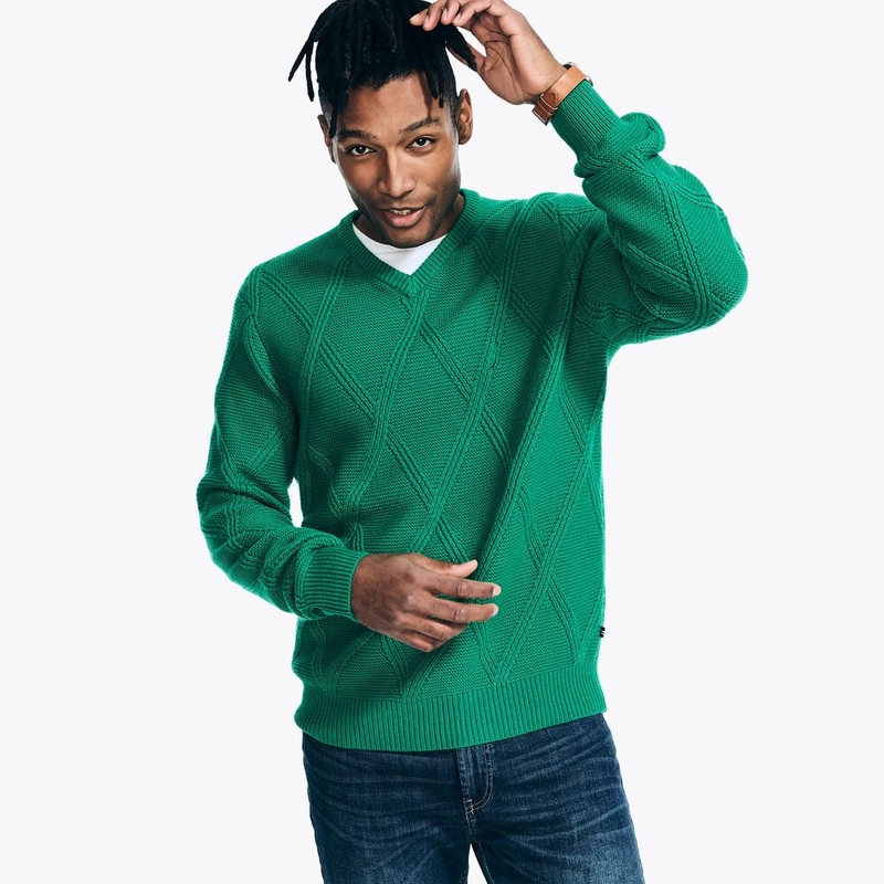 Nautica Mens Sustainably Crafted Textured V Neck Sweater Parrot Green 2XL