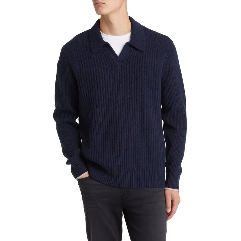 Ted Baker London Mens ademy ribbed wool polo sweater Size 5 / XL Navy Blue